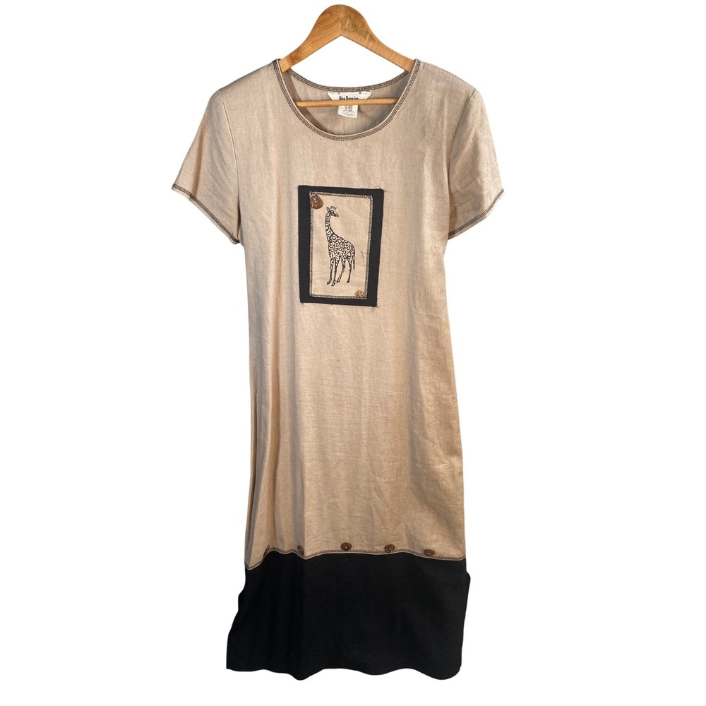 Vintage Nina Piccalino Linen Blend Dress Womens 8 Giraffe Art to Wear Earthy 90s